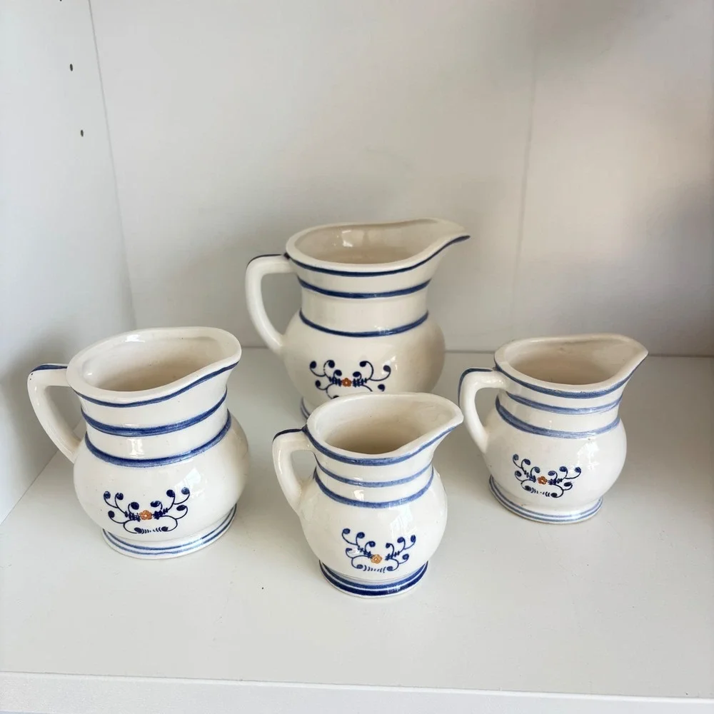 Vintage Ceramic Measuring Cup Pitcher Set 4 Blue White Farmhouse Kitchen Decor